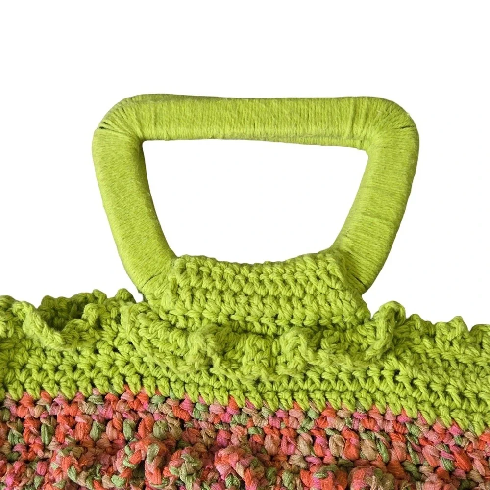 Handmade Crochet Ruffle Handbag Lime Green Pink Orange Boho Tote Bag Y2K style